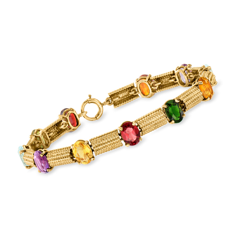 14kt yellow gold station bracelet with multicolor gemstones and textured mesh links