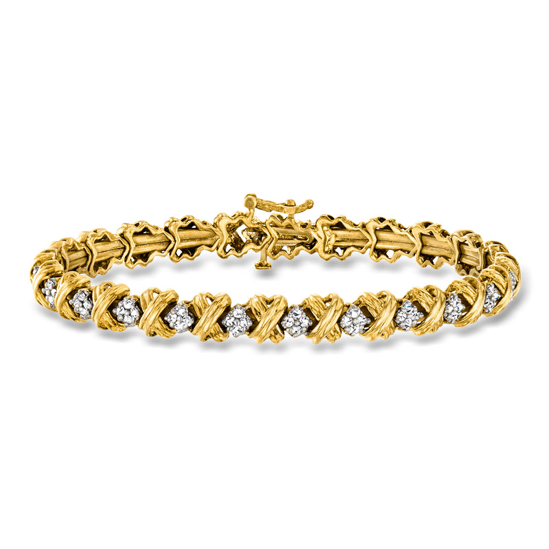 10kt yellow gold diamond XO bangle bracelet with alternating diamond-set links