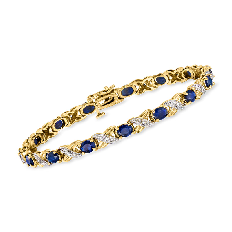 14kt yellow gold sapphire and diamond tennis bracelet with blue oval stones