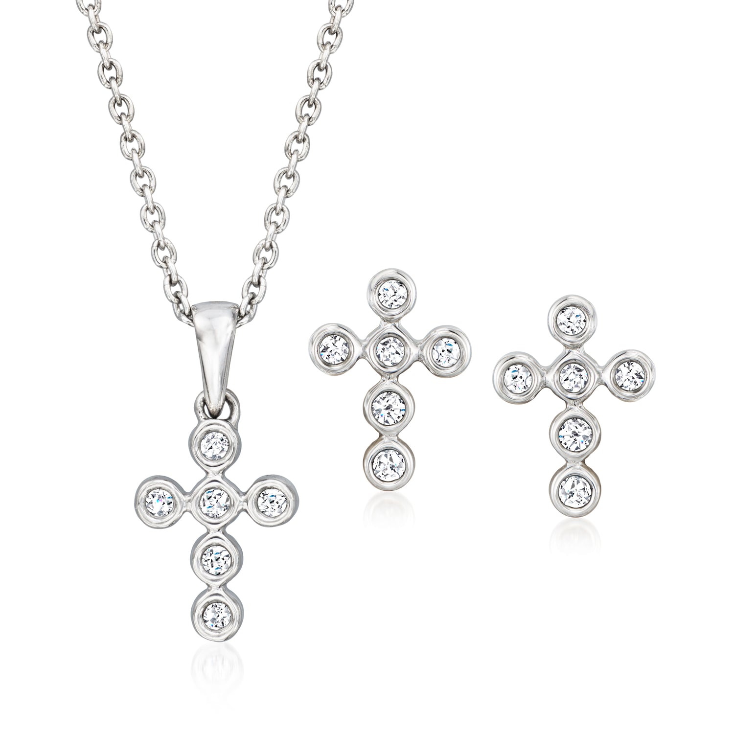 .20 ct. t.w. Bezel-Set Diamond Jewelry Set: Cross Earrings and Pendant Necklace in Sterling Silver