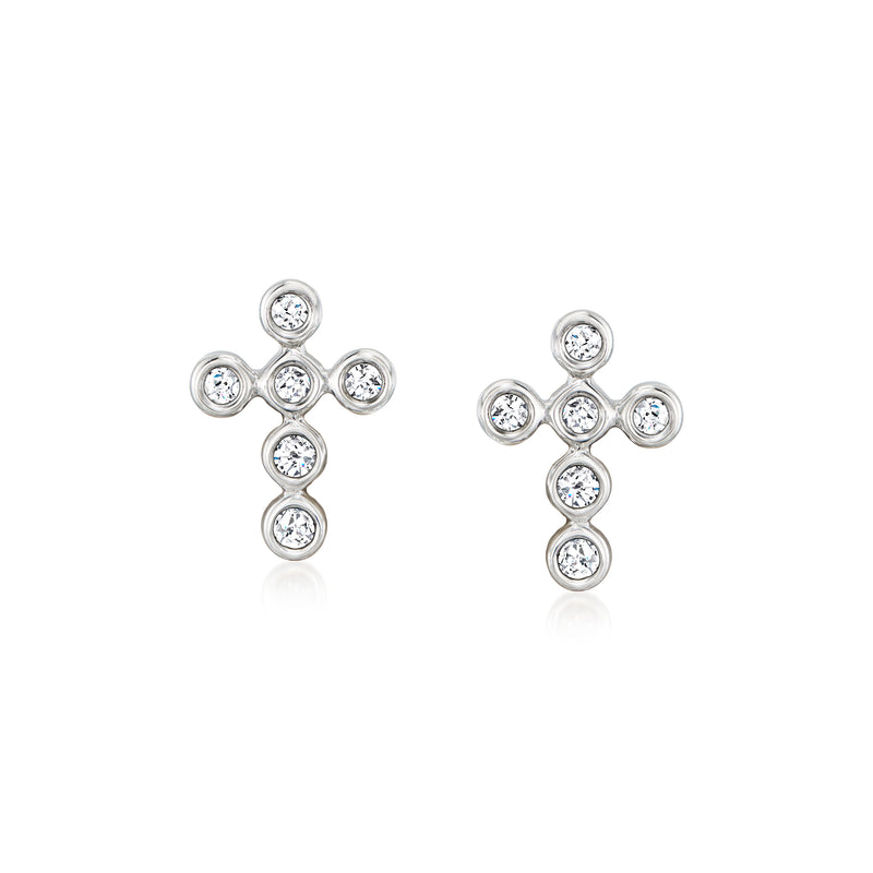 Sterling silver cross stud earrings with round bezel-set diamond accents
