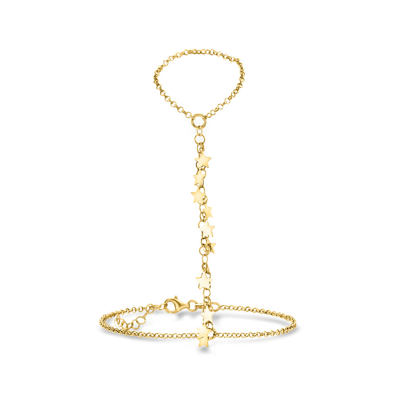 Gold-tone star hand chain bracelet with dangling star charms and open link clasp