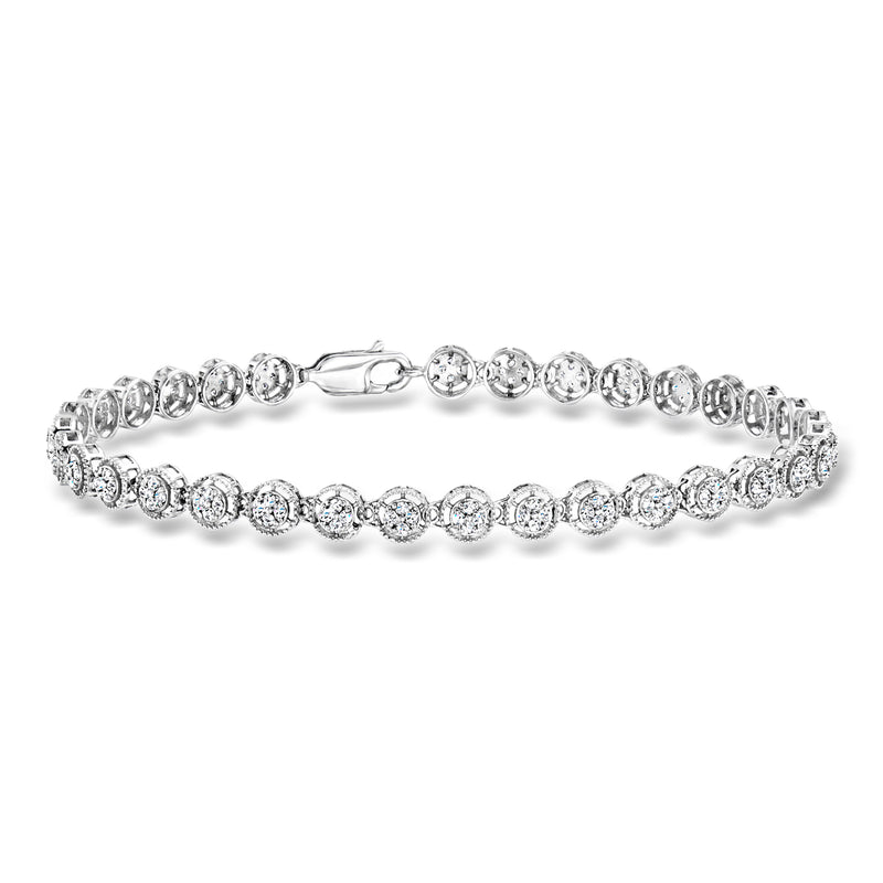 Sterling silver diamond round cluster tennis bracelet with spring-ring clasp