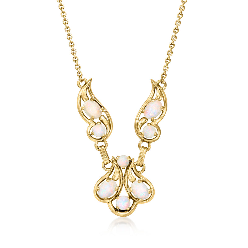 14kt yellow gold opal drop necklace with five iridescent cabochon stones
