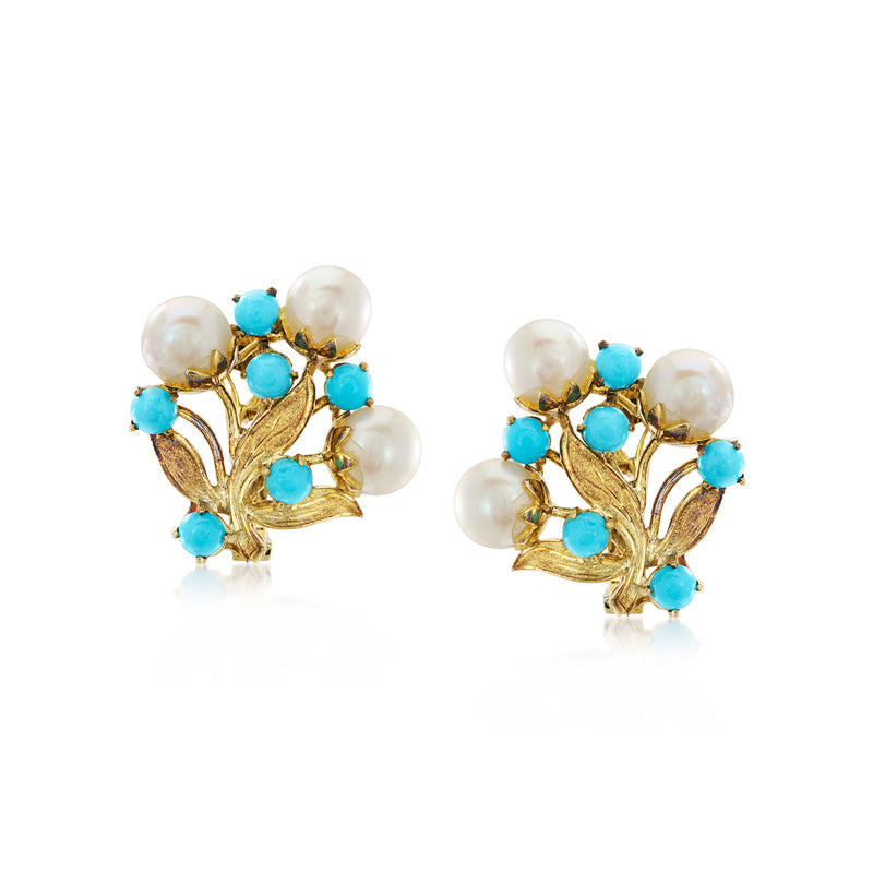 Vintage floral pearl and turquoise stud earrings in 14kt yellow gold, gold post backs