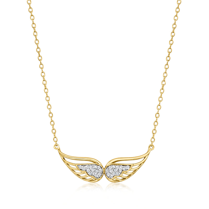 Gold angel wings necklace with small round pave-style stones on the wings pendant