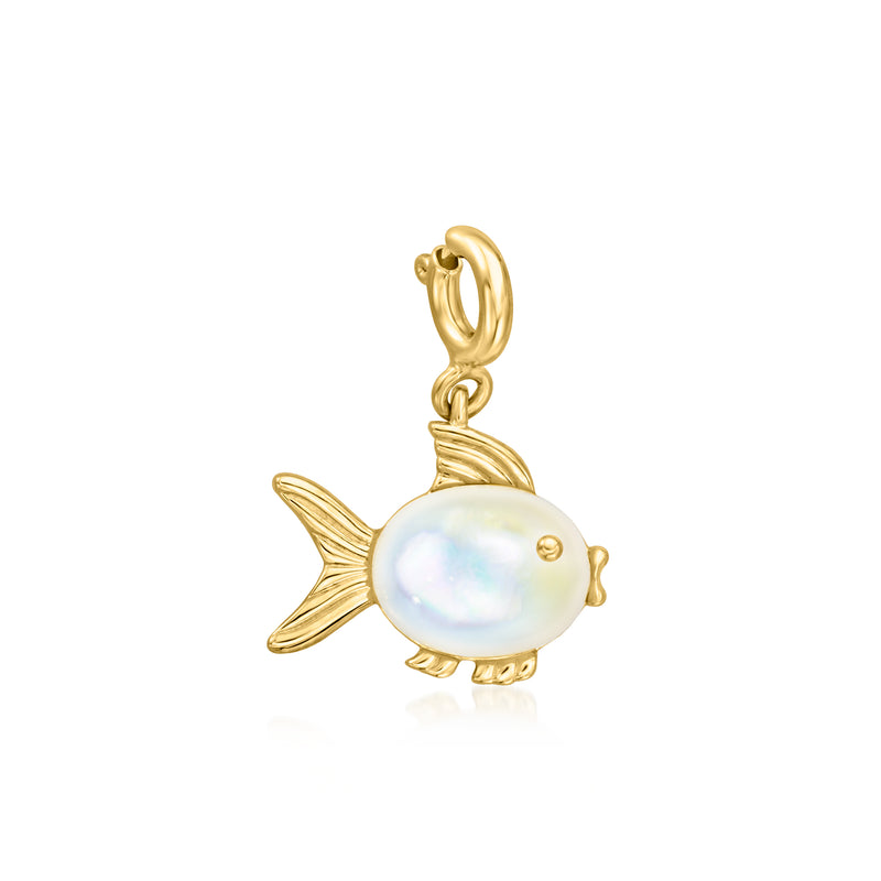 Gold over sterling fish charm with mother-of-pearl body and small fin