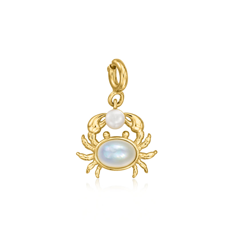 Gold over sterling crab charm with mother-of-pearl oval and cultured pearl drops