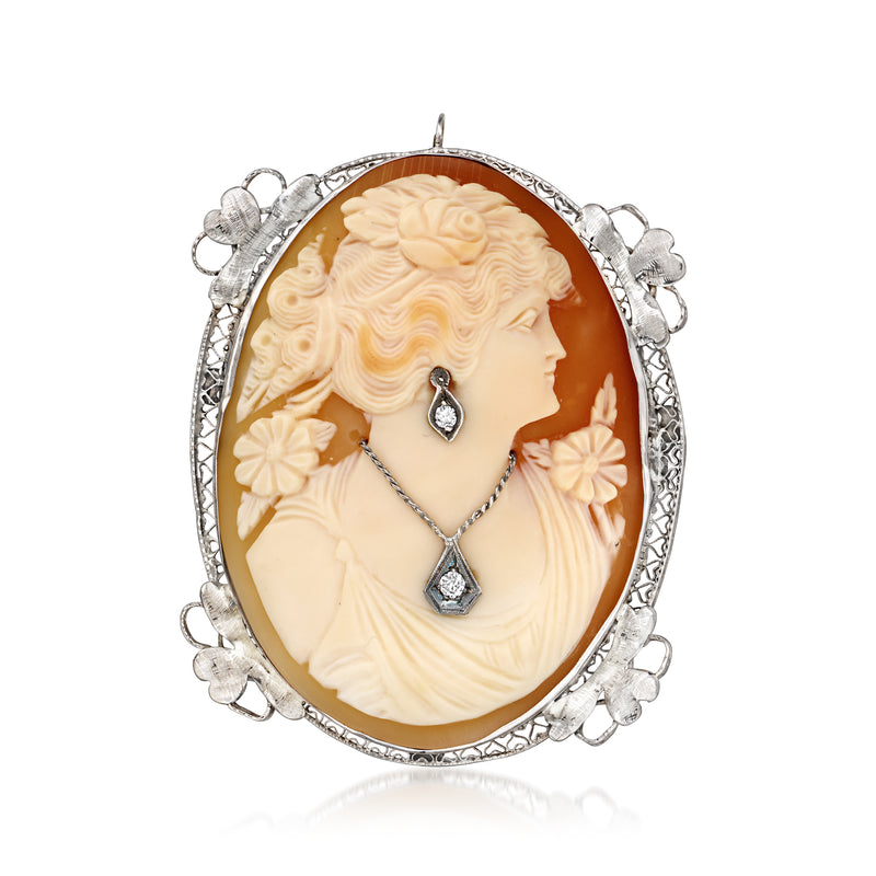 14kt white gold oval cameo pin/pendant with brown shell scene and diamond accents