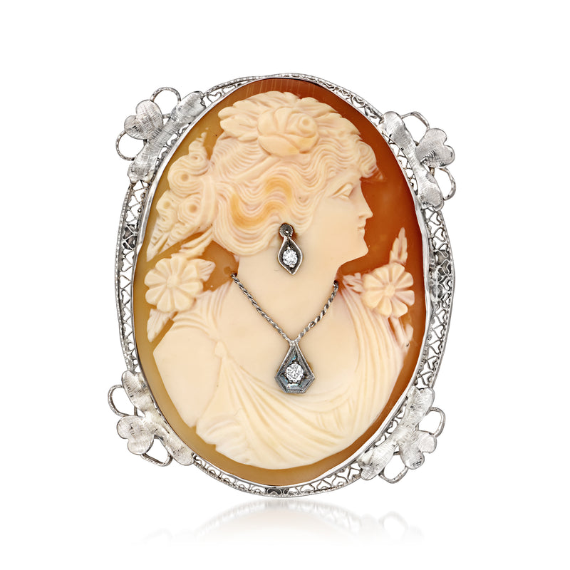 Angled 14kt white gold oval cameo pin/pendant with brown shell cameo and diamond accents