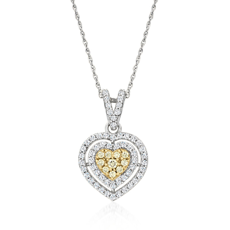 Yellow and white diamond heart pendant necklace in sterling silver