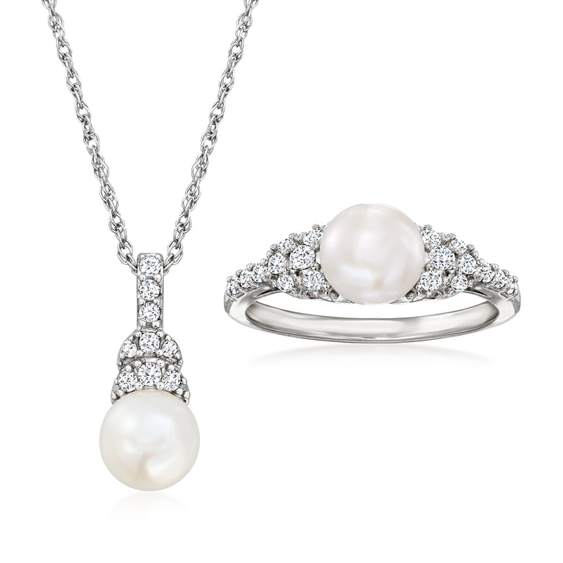 Sterling silver set: pearl pendant necklace and ring with clear gemstones