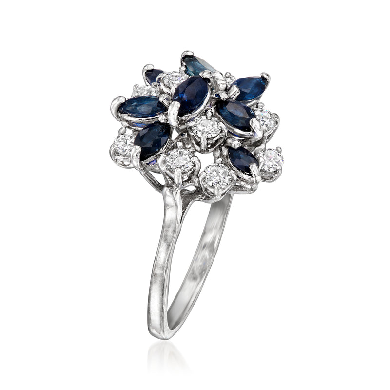 14kt white gold sapphire and diamond cluster ring, angled view with open shank