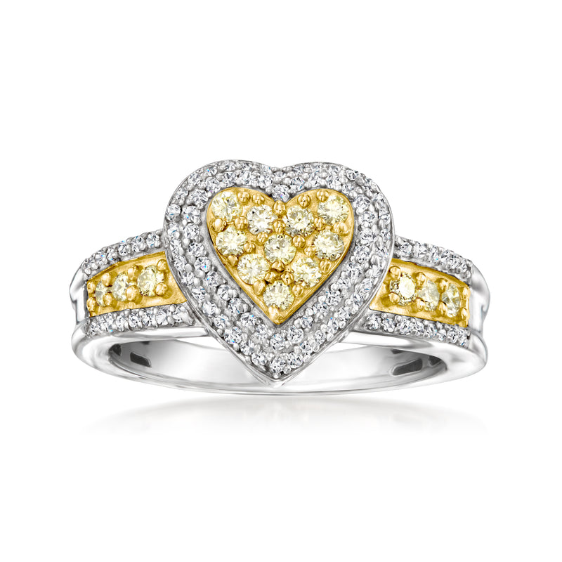 Sterling silver diamond heart ring with yellow center stones and white halo