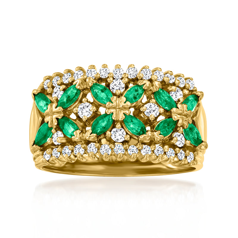 14k yellow gold emerald and diamond cluster ring, green emeralds with white stones