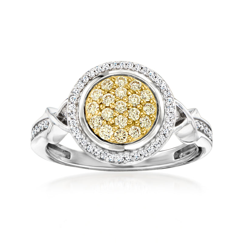 Diamond cluster ring in sterling silver with round halo and twisted band