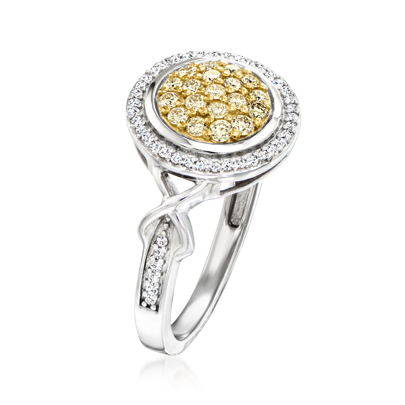 Sterling silver diamond cluster ring with round halo and yellow center stones