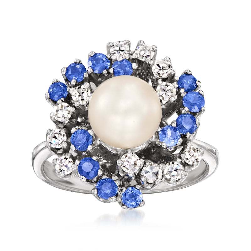 Cultured pearl and sapphire swirl ring in 14kt white gold with diamond accents