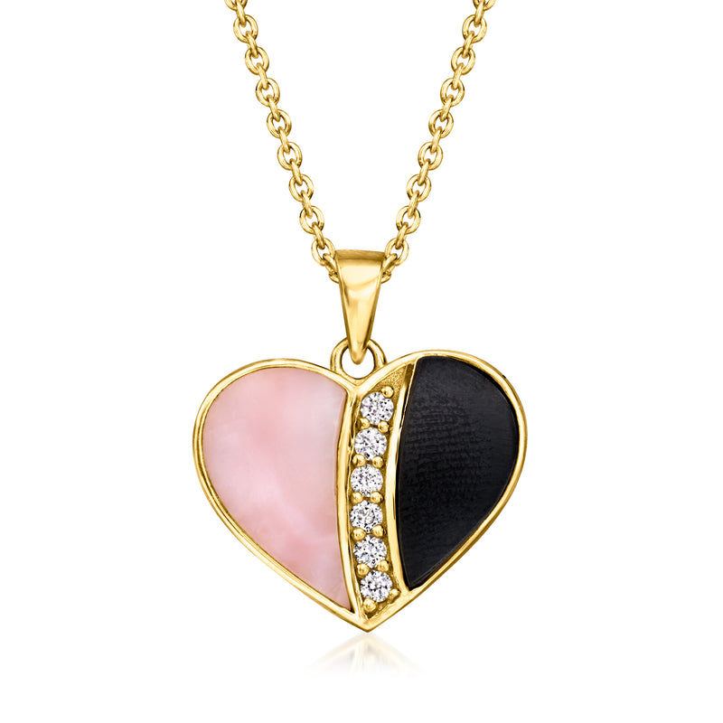 18kt gold over sterling heart pendant necklace, pink and black reversible halves with gem row