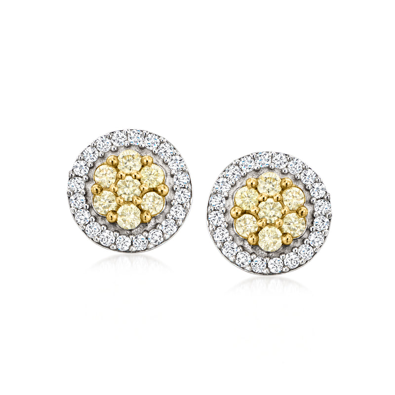 Round halo stud diamond earrings with yellow center stones in sterling silver