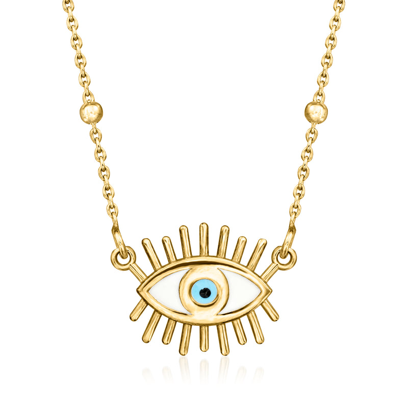 Gold evil eye pendant necklace with blue enamel center and chain