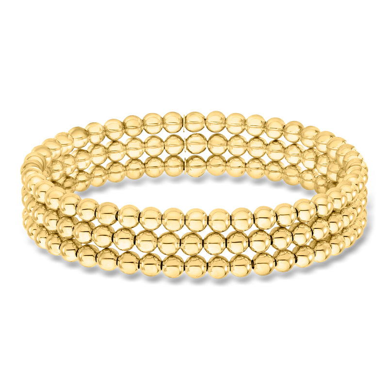 Gold bead stretch bracelet set with three stacked rows, round 5mm beads