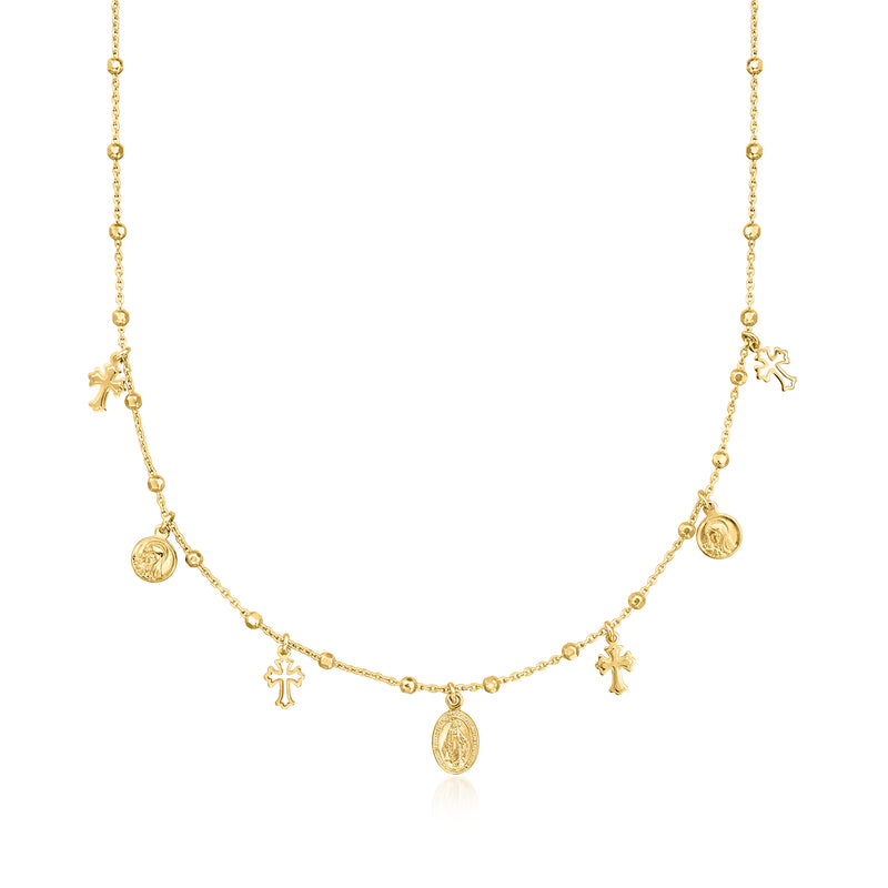 Gold over sterling charm necklace with small cross, angel, and coin medallion charms