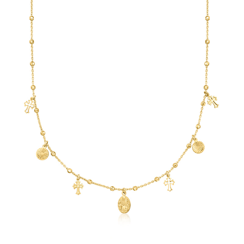 Gold over sterling necklace with angel, cross, and coin medallion charms on beaded chain