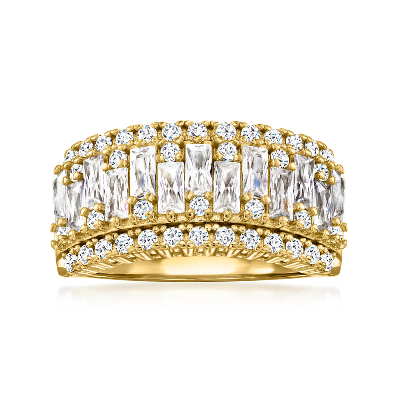 Gold-tone CZ ring with rectangular baguette stones and round halo accents