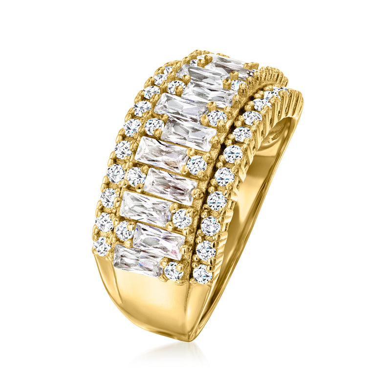 Gold-tone CZ ring with large emerald-cut center stone and round side accents