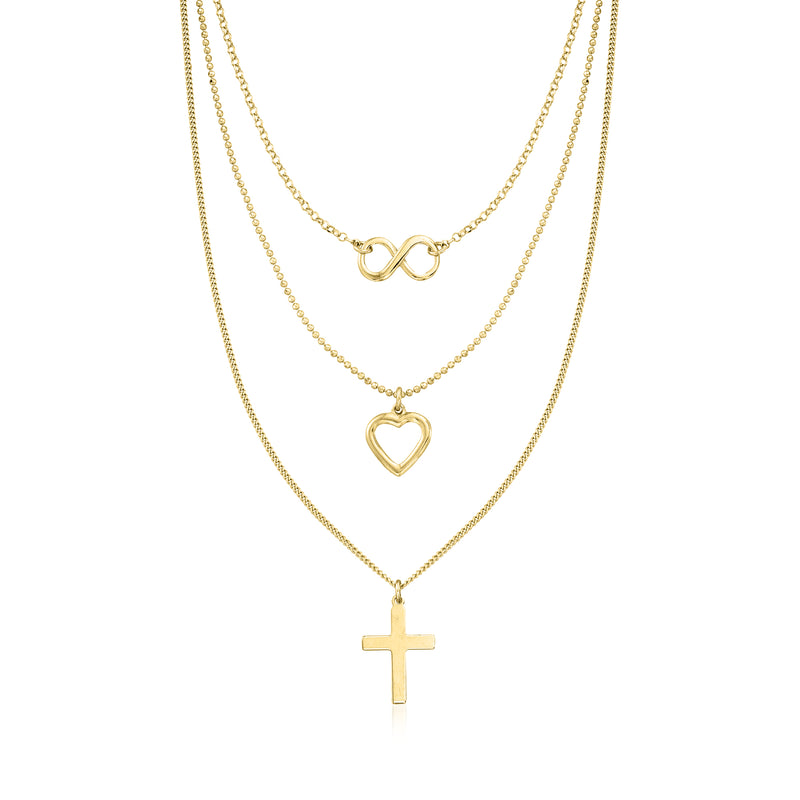 Gold over sterling layered necklace with infinity, heart, and cross charms