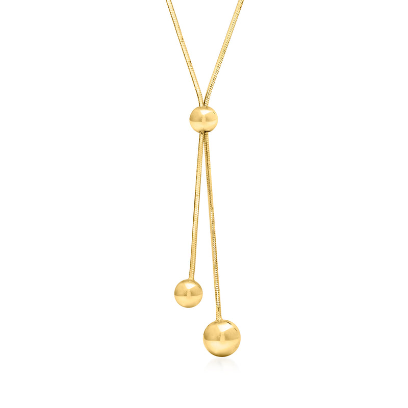 Gold over sterling snake-chain lariat necklace with round bead drops and clasp
