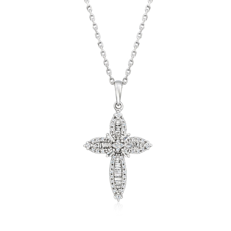 Sterling silver diamond cross pendant necklace with pave-style stone detail