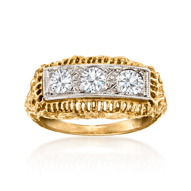 Vintage three-stone diamond ring in 14k yellow gold with three clear stones, rectangular setting
