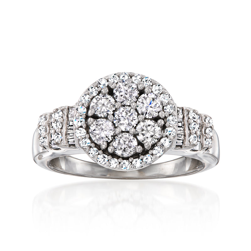 Diamond cluster ring in 14kt white gold with round center cluster and side accents