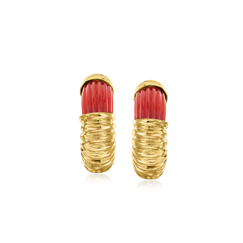 Vintage coral curved stud earrings with red ribbed in 18kt yellow gold