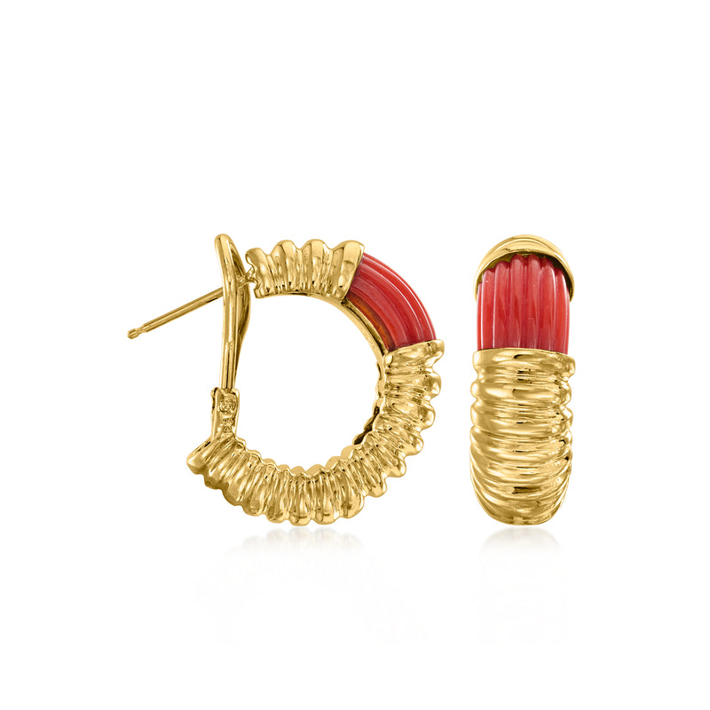 Curved red coral half-hoop earrings with ribbed 18kt yellow gold posts