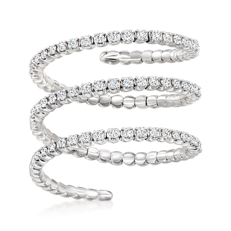 Sterling silver flexible wrap diamond ring with three rows of round stones, bright shine