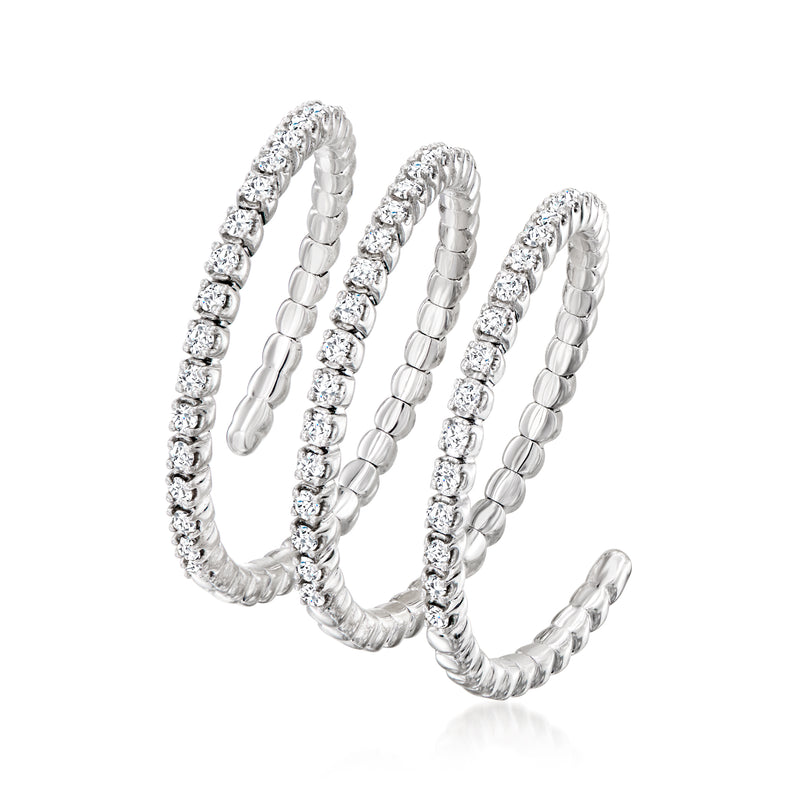 Sterling silver flexible wrap diamond ring with a curved three-band design and round sparkle stones