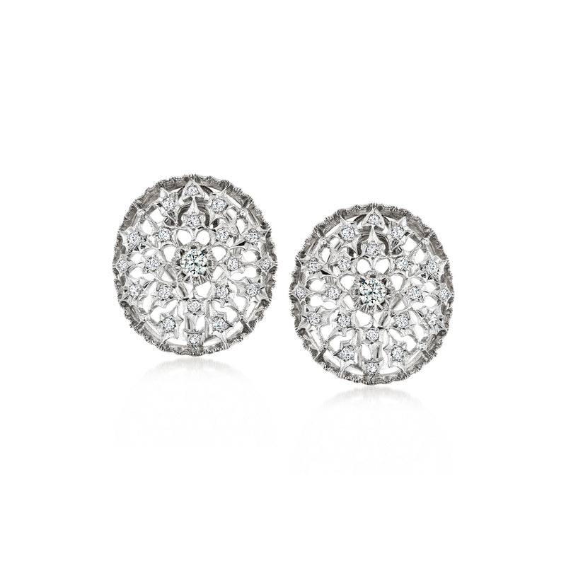 Round openwork diamond stud earrings in white gold, floral filigree halo design