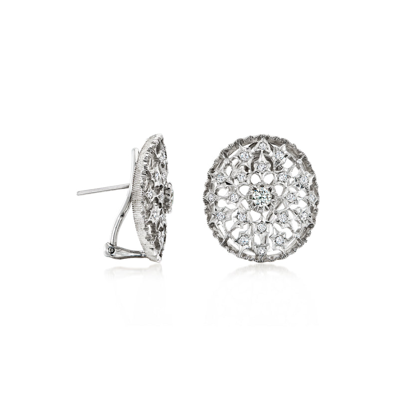 Round openwork diamond stud earrings with post and hinged back, white gold filigree
