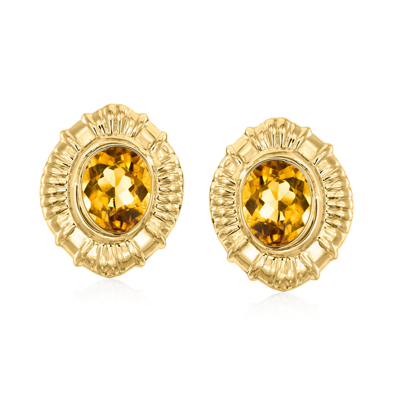 Yellow gold citrine stud earrings with oval round gemstones