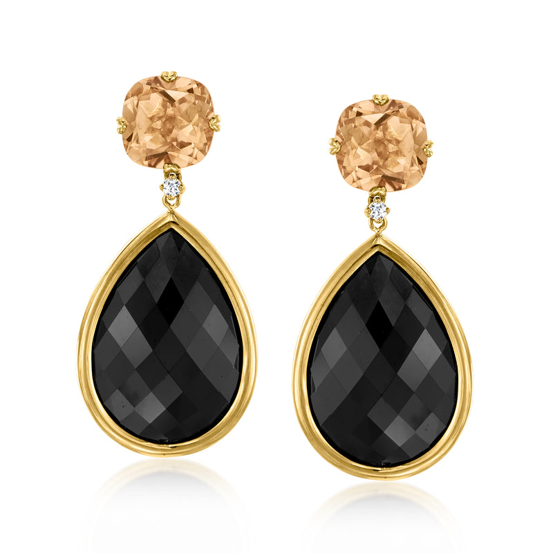 18kt yellow gold drop earrings with round brown topaz and black teardrop onyx