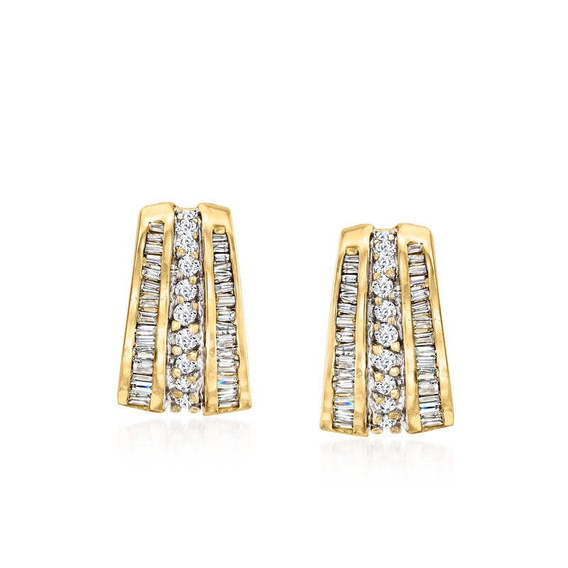 Curved 14kt yellow gold diamond earrings with curved rows of round stones
