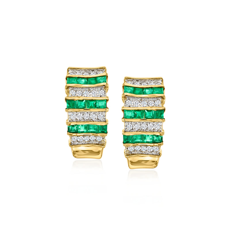 18kt yellow gold clip/post earrings with emerald-and-diamond striped bands