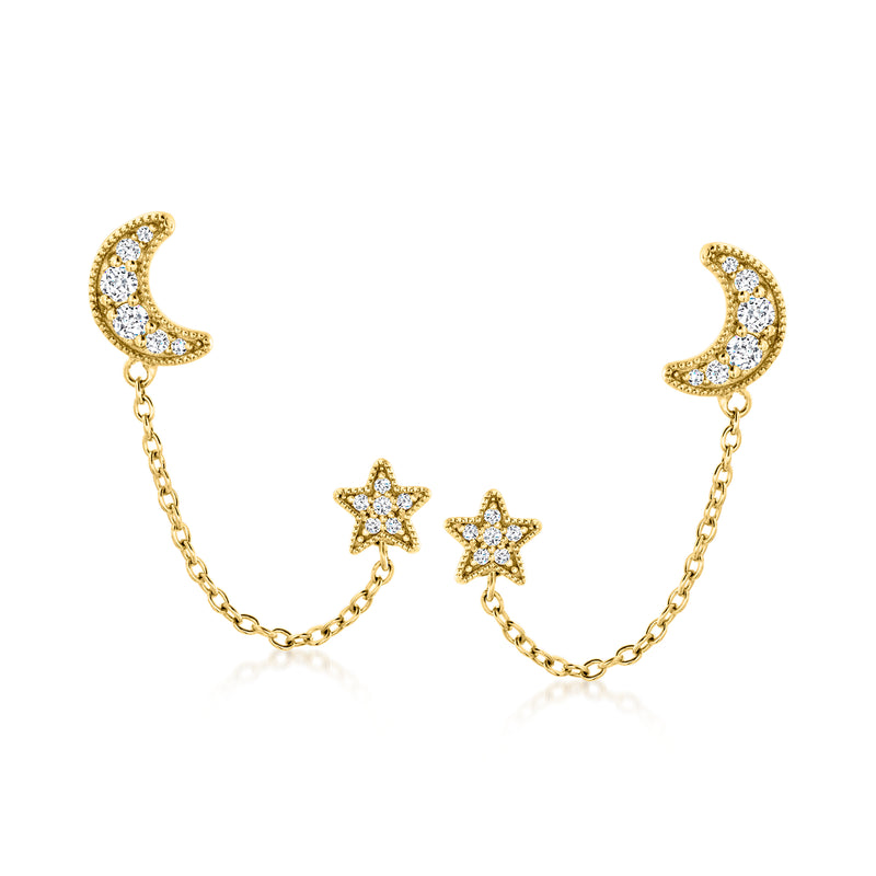 18kt gold over sterling moon and star double-piercing earrings with white stones