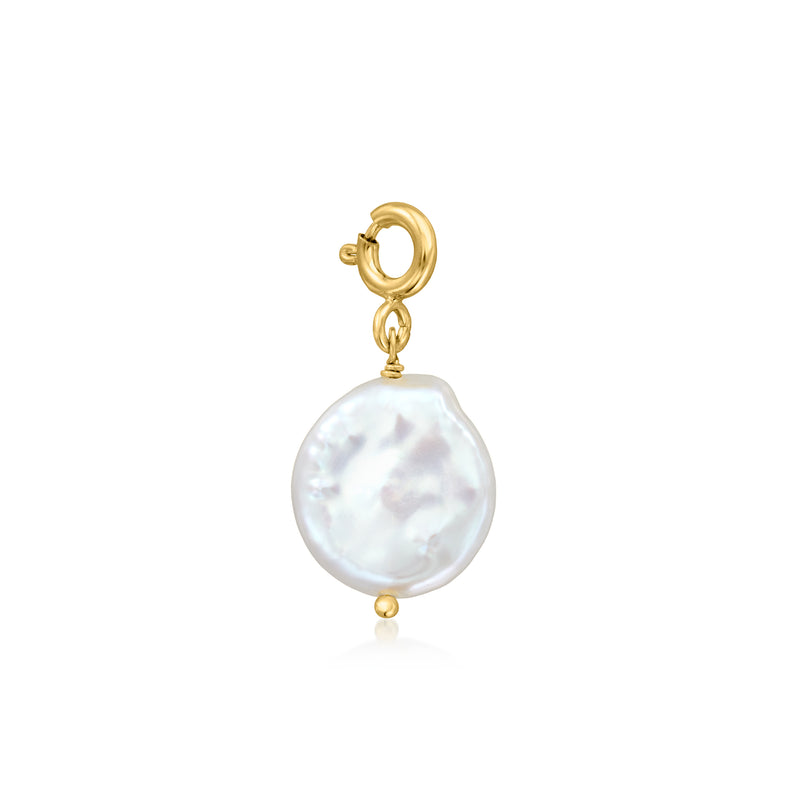 18kt gold over sterling coin pearl charm with looped bail and bead accent, round white pearl