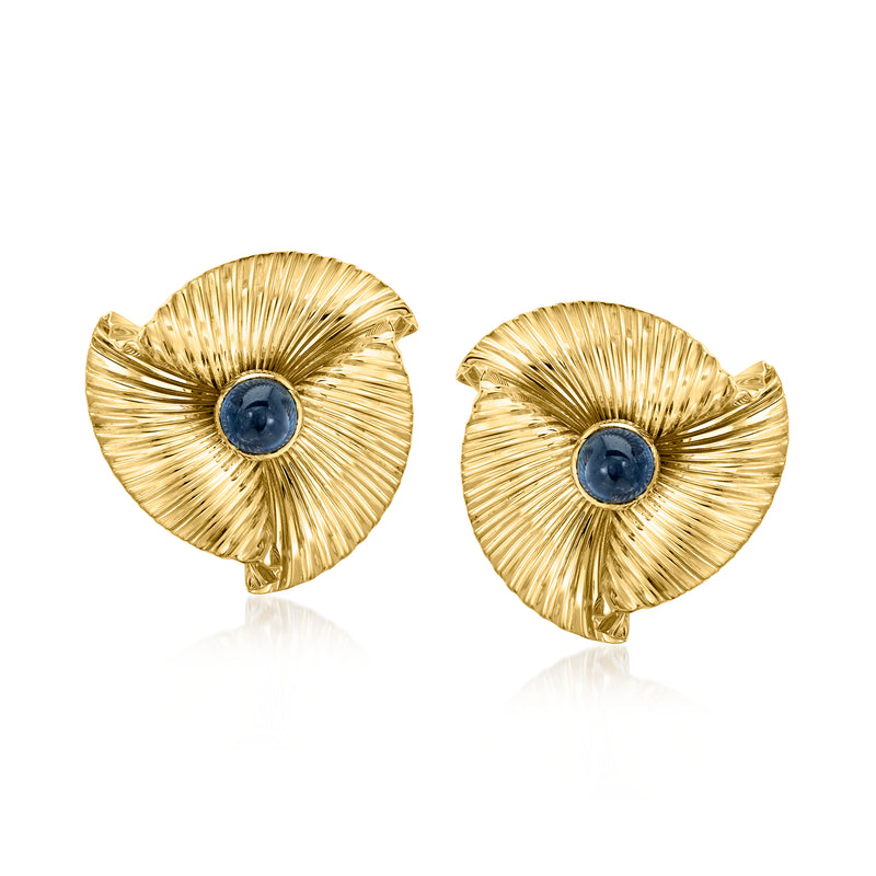 14kt yellow gold fan clip-on earrings with round blue sapphire center