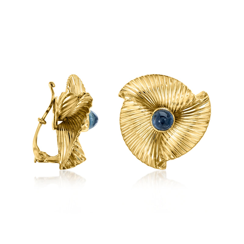 Yellow gold fan clip-on earrings with round blue sapphire and scalloped texture