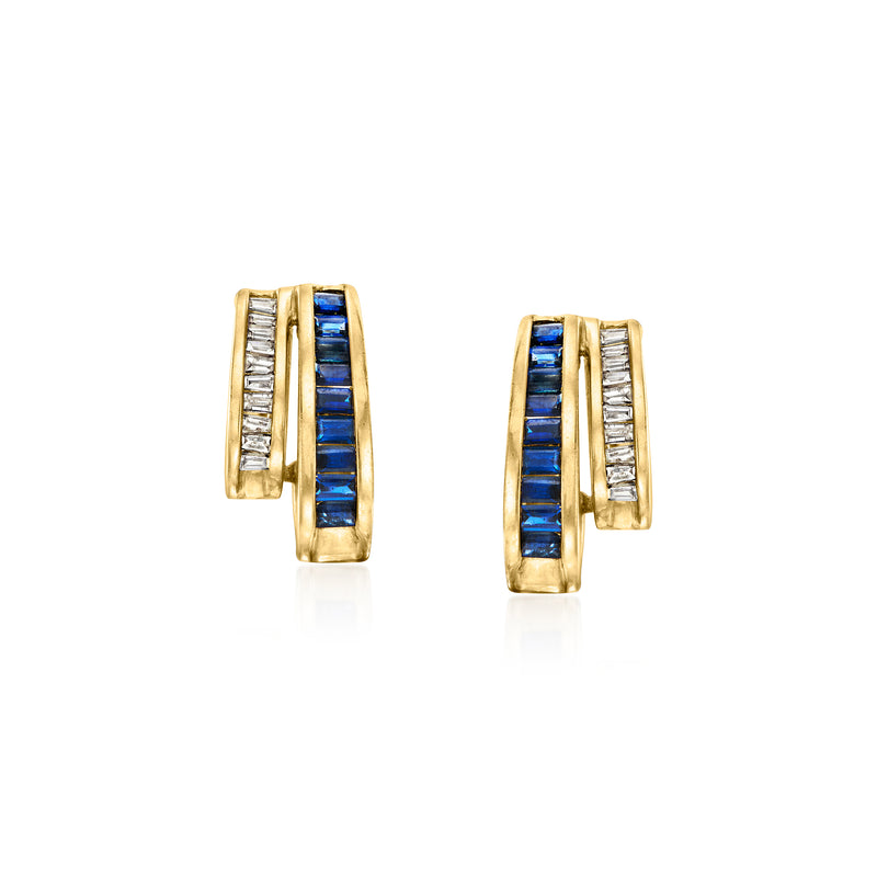 14k yellow gold double J-hoop earrings with blue sapphire and diamond accents